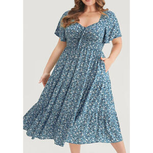 BLOOMCHIC 14-16 1x plus Blue Floral Ditsy Ruched Elastic Waist Dress NWT B171
